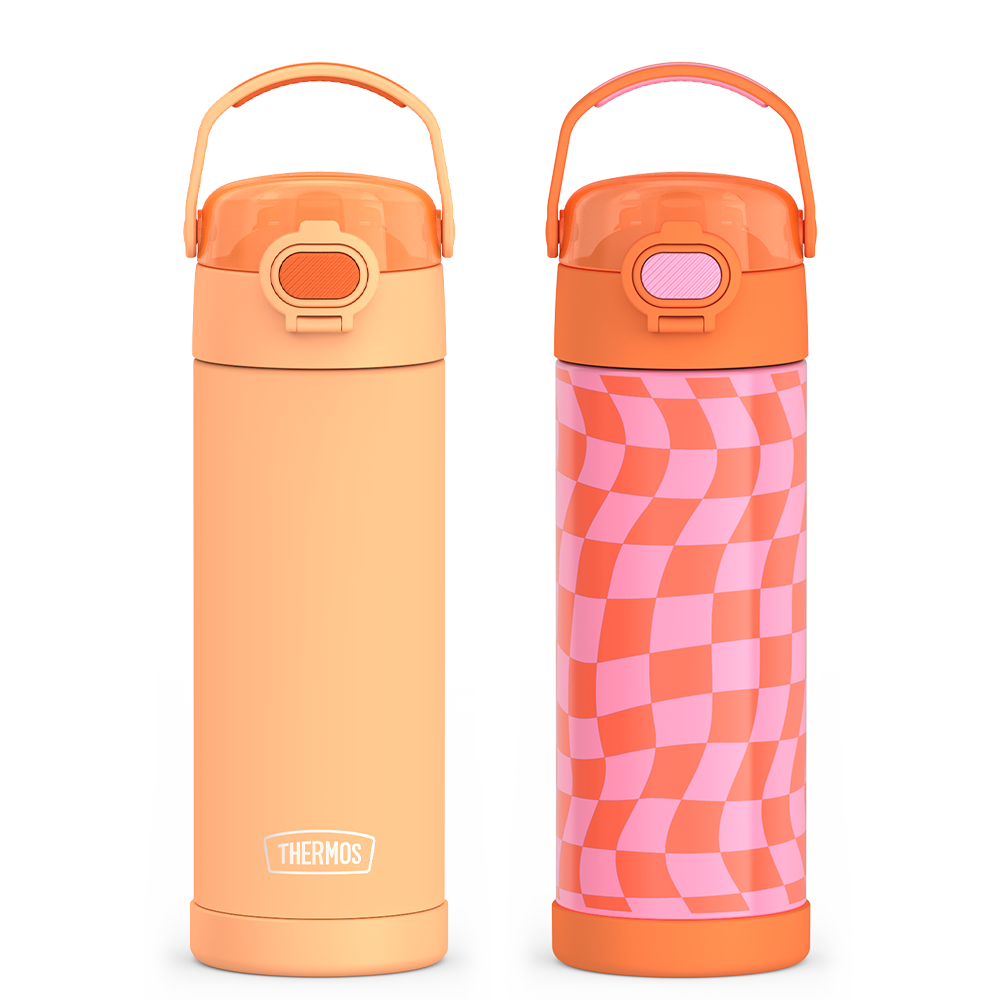 16oz FUNtainer® Water Bottles with Locking Lids Neon Orange & Wavy Checkers Orange Bundle